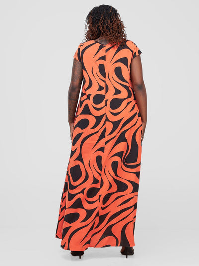 Vivo Basic Cap Sleeve Maxi Tent Dress - Orange / Black Manda Print - Shopzetu