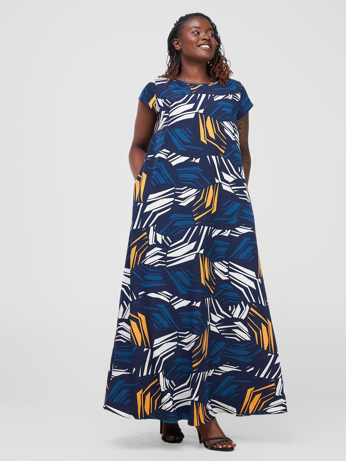 Vivo Basic Cap Sleeve Maxi Tent Dress - Navy / White Print - Shopzetu