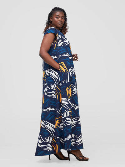 Vivo Basic Cap Sleeve Maxi Tent Dress - Navy / White Print - Shopzetu