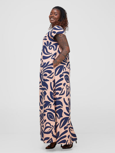 Vivo Sakari Cap Sleeve Maxi Dress - Navy / Peach Print - Shopzetu