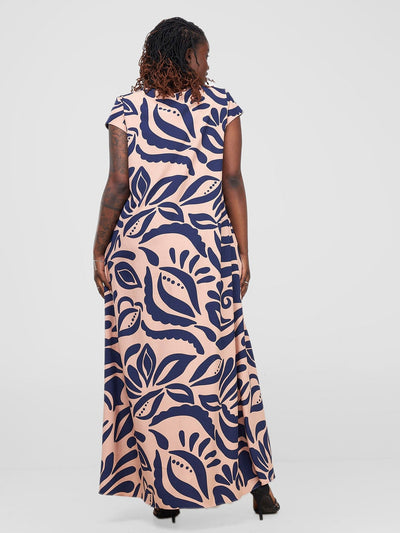 Vivo Sakari Cap Sleeve Maxi Dress - Navy / Peach Print - Shopzetu