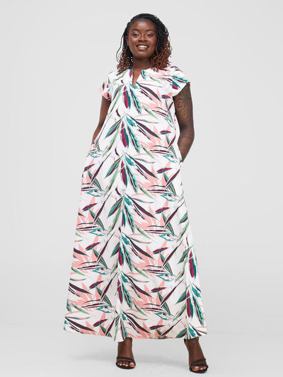 Vivo Zola V Neck Cap Sleeve Maxi Dress - White / Green Print - Shopzetu