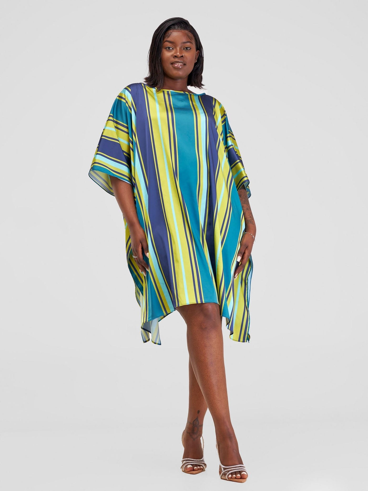 Vivo Kelemi Knee Length Kaftan - Green / Navy Lindi Print - Shopzetu