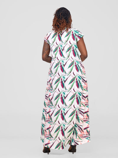 Vivo Zola V Neck Cap Sleeve Maxi Dress - White / Green Print - Shopzetu