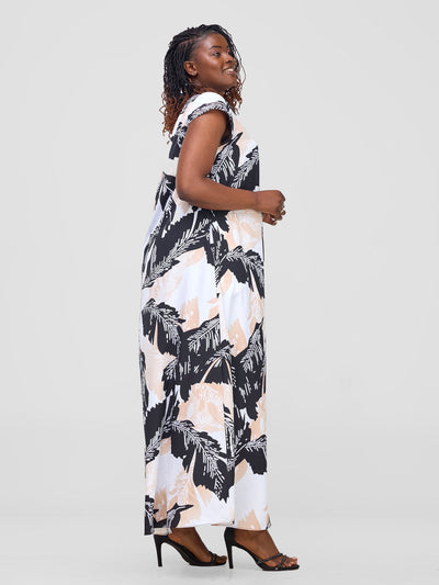 V Neck Cap Sleeve Maxi Dress - Black / White Print