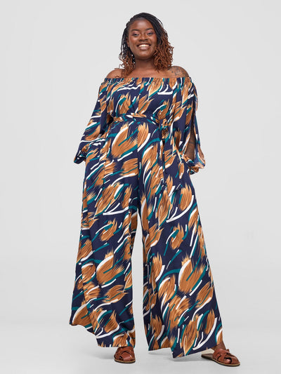 Vivo Yumi Off Shoulder Jumpsuit - Brown / Green Print - Shopzetu