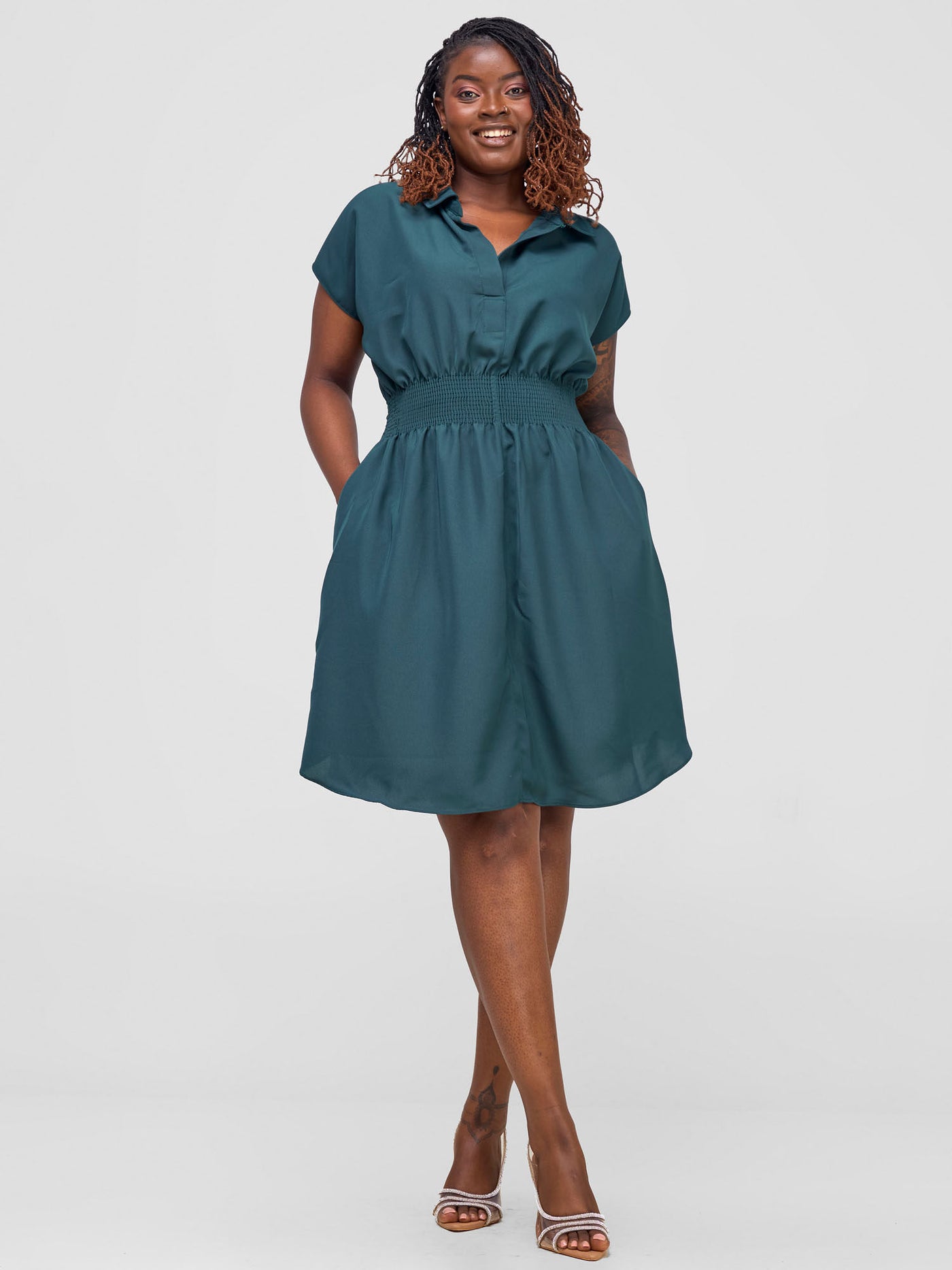 Zena Shirred Waist Shirt Dress - Dark Sage