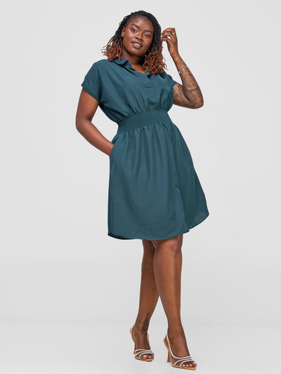 Zena Shirred Waist Shirt Dress - Dark Sage