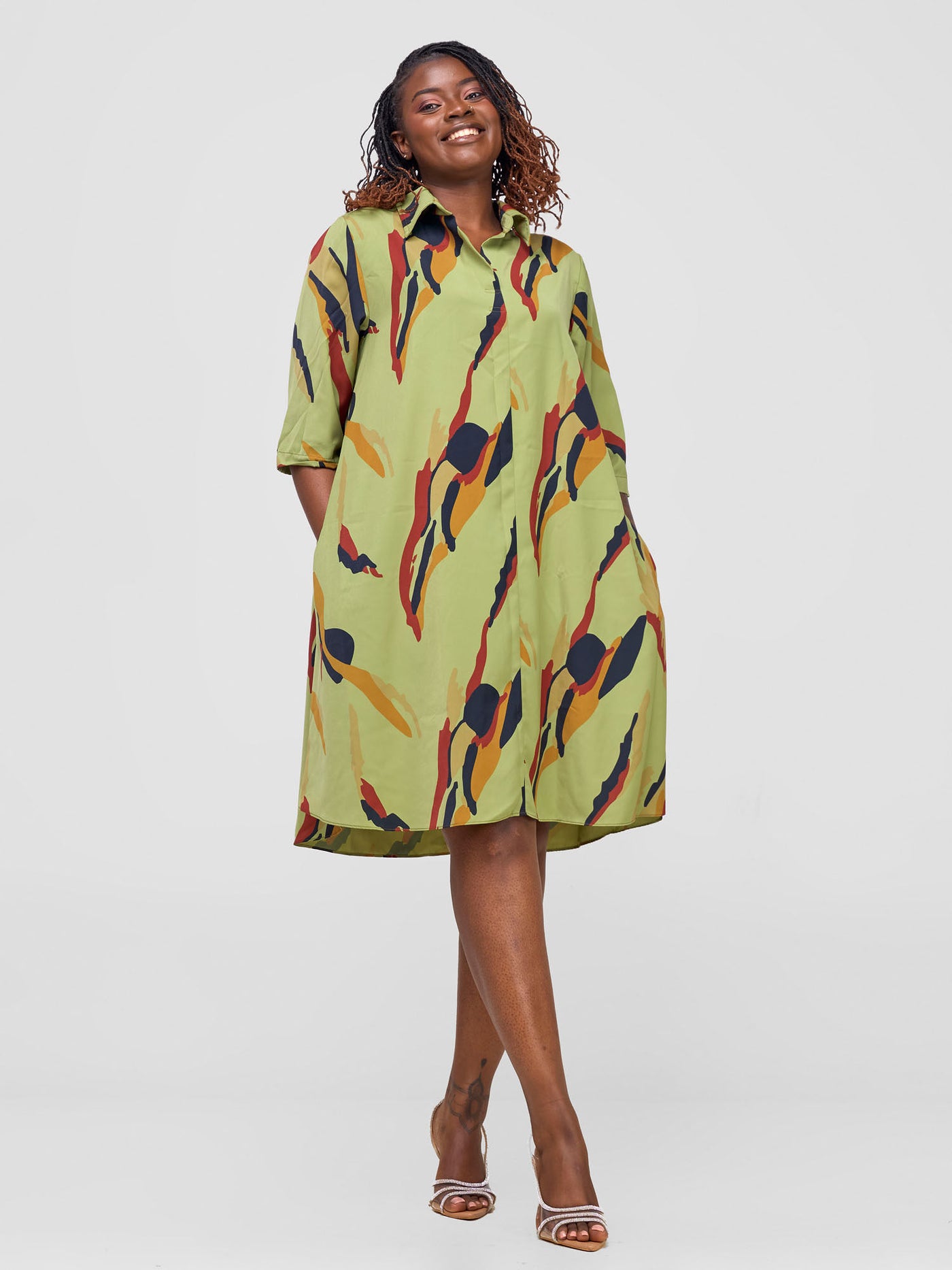 Vivo Reba Hi Low Dress - Olive / Mustard Riba Print - Shopzetu