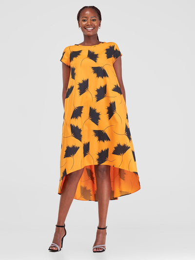 Vivo Jema High Low Tent Dress - Orange / Black Niger Print - Shopzetu