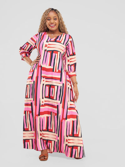 Vivo Hadiya Tie Maxi Dress - Pink / Black Hadi Print - Shopzetu