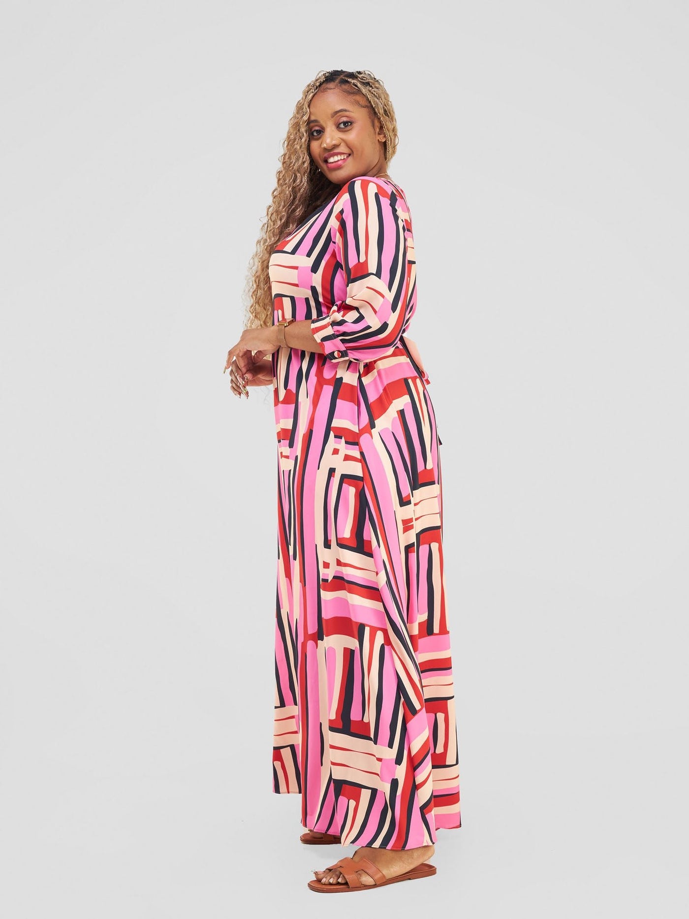 Vivo Hadiya Tie Maxi Dress - Pink / Black Hadi Print - Shopzetu