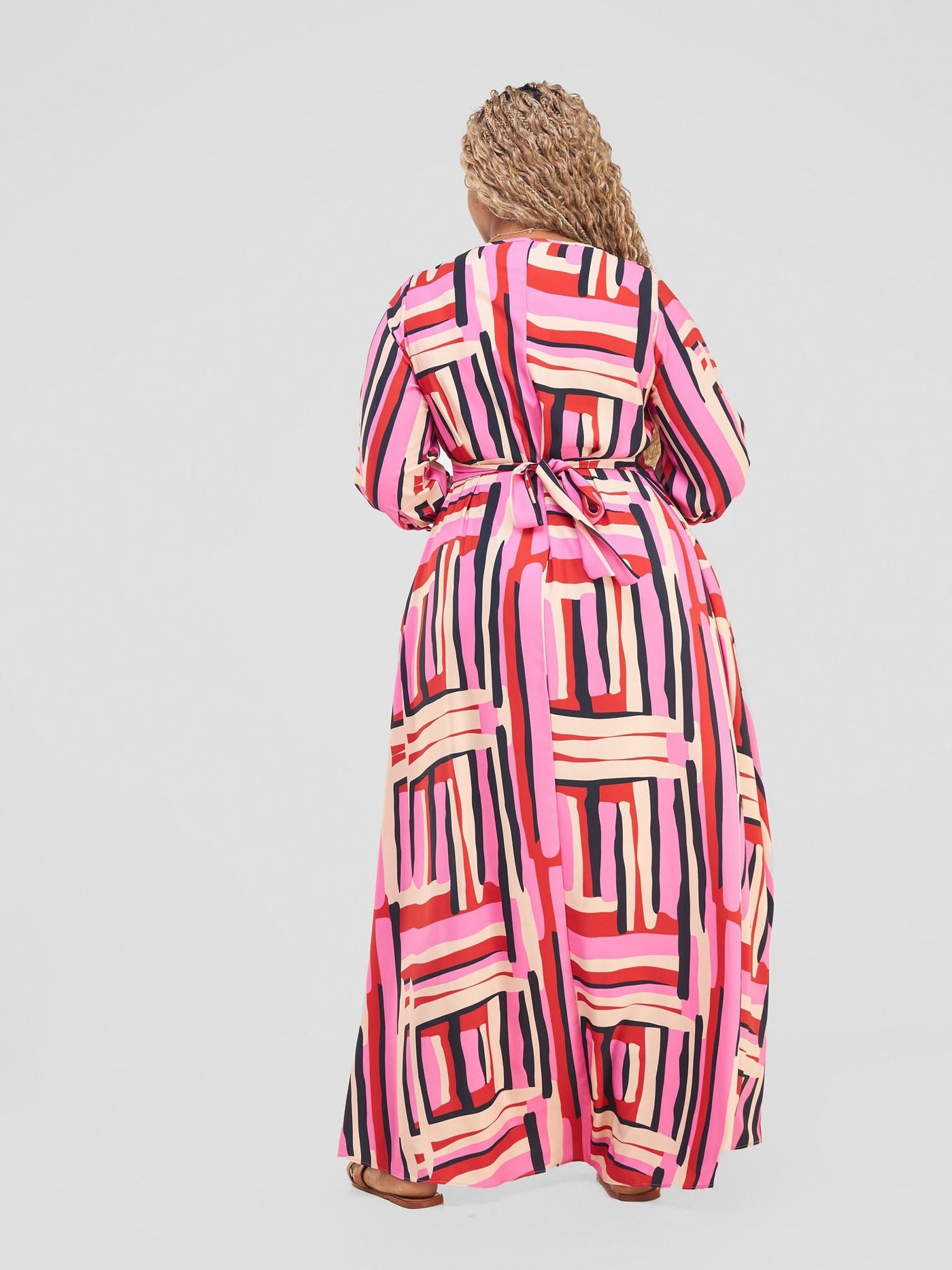 Vivo Hadiya Tie Maxi Dress - Pink / Black Hadi Print - Shopzetu