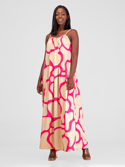 Vivo Sarabi Strappy Low Back Maxi Dress - Taupe / Pink Milia Print - Shopzetu