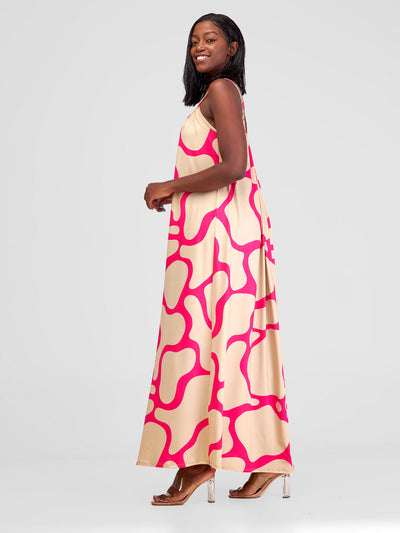 Vivo Sarabi Strappy Low Back Maxi Dress - Taupe / Pink Milia Print - Shopzetu