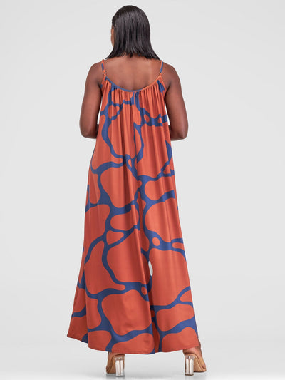Vivo Sarabi Strappy Low Back Maxi Dress - Navy / Brown Print - Shopzetu