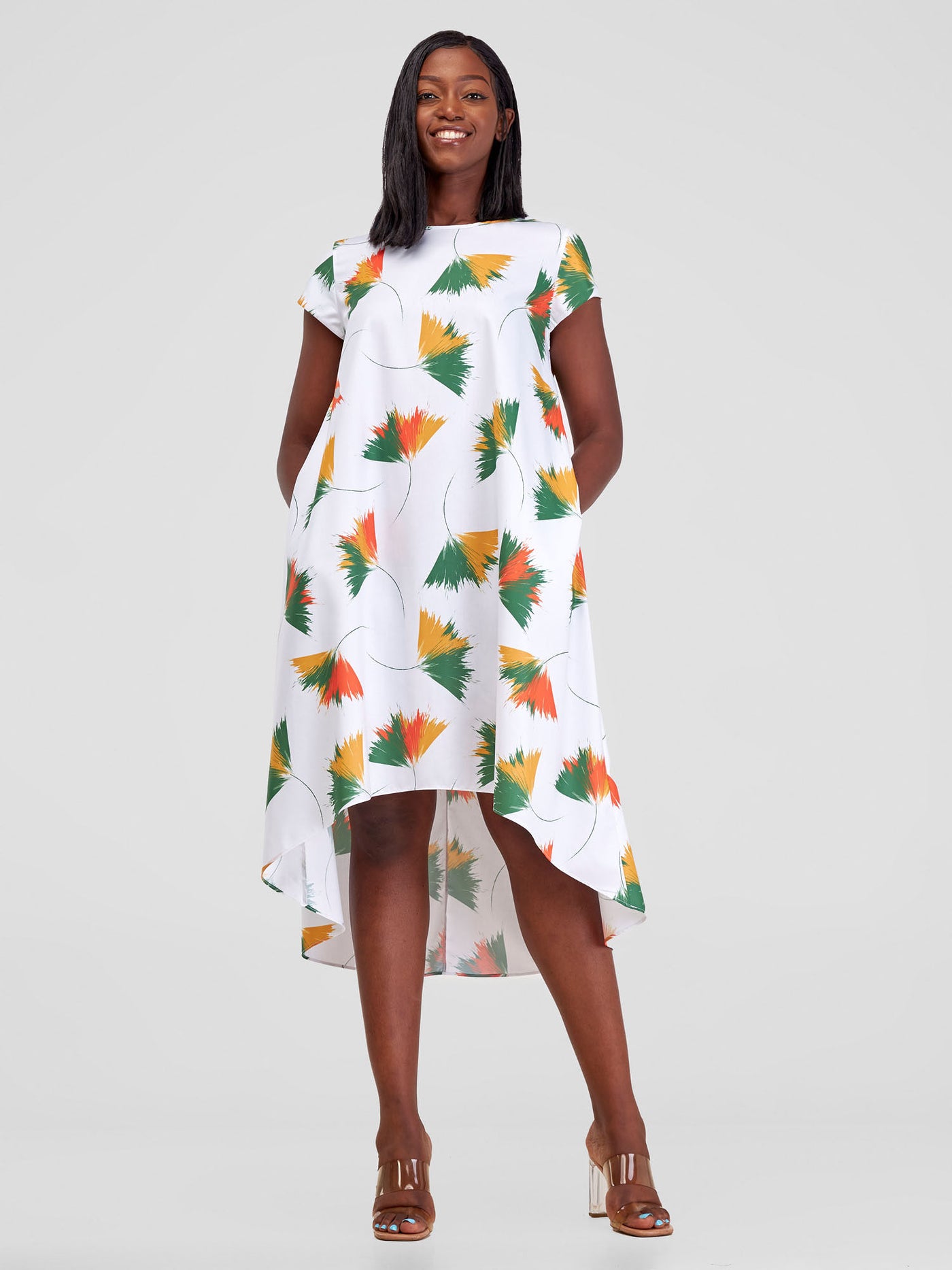 Vivo Jema High Low Tent Dress - White / Green Niger Print
