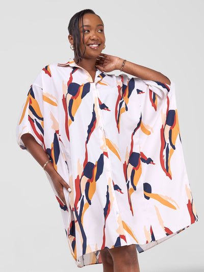 Vivo Reba Tapered Shirt Dress - White / Mustard Riba Print - Shopzetu