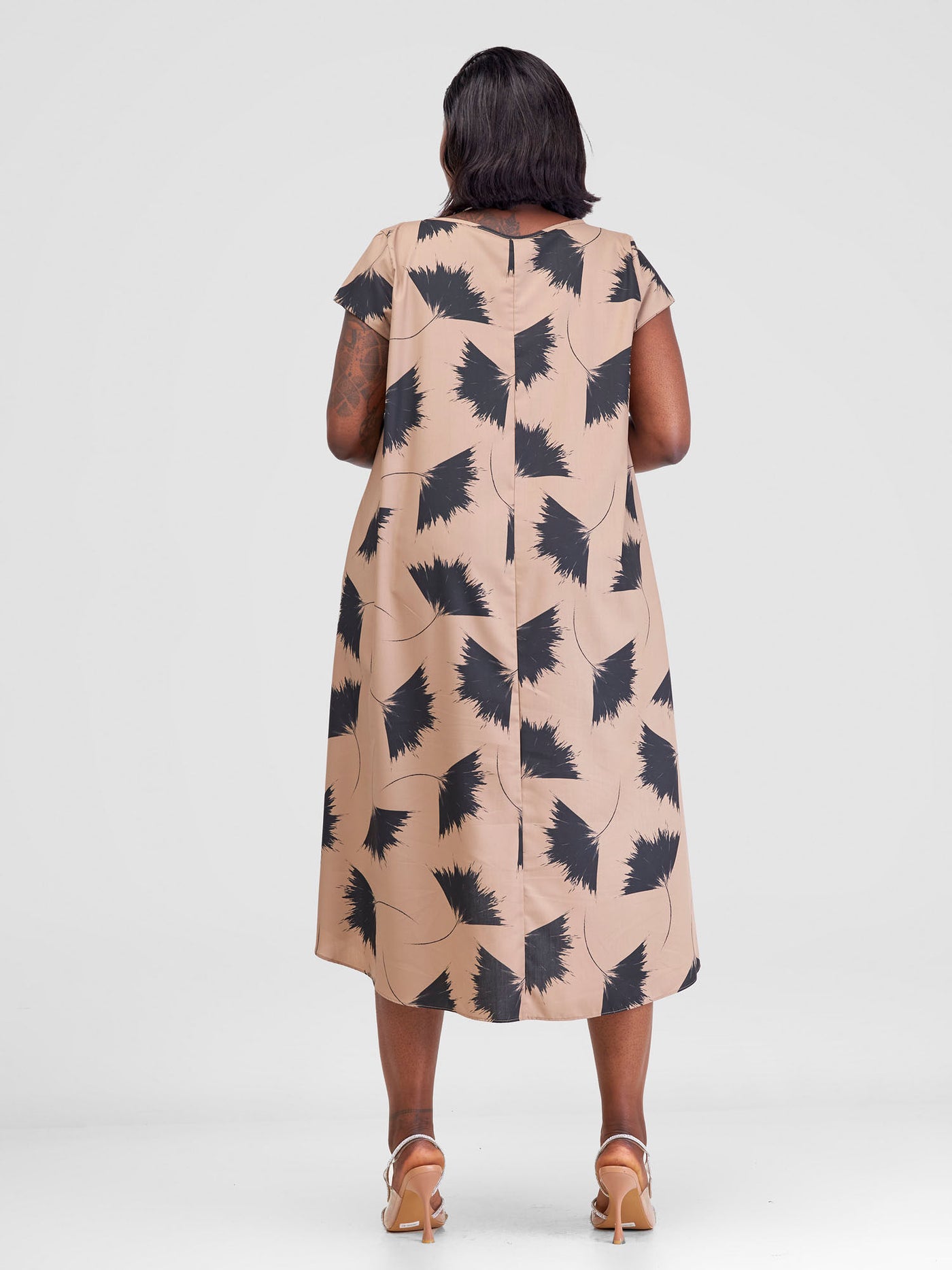 Vivo Jema High Low Tent Dress - Taupe / Black Niger Print