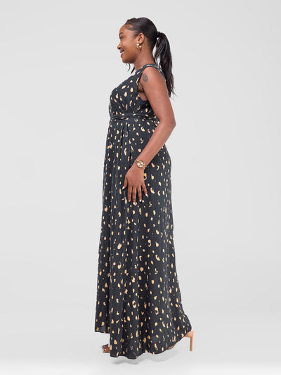 Vivo Maua Sleeveless Maxi Tent Dress -  Black / Beige Print