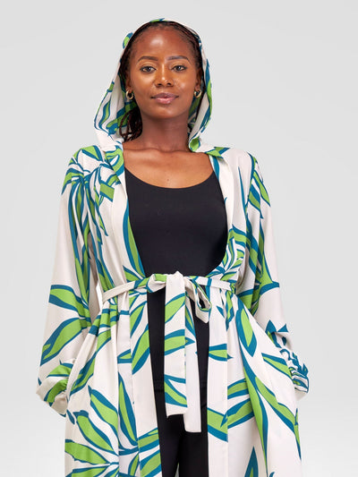 Vivo Kelemi Hooded Kimono - Taupe / Green Lemi Print - Shopzetu