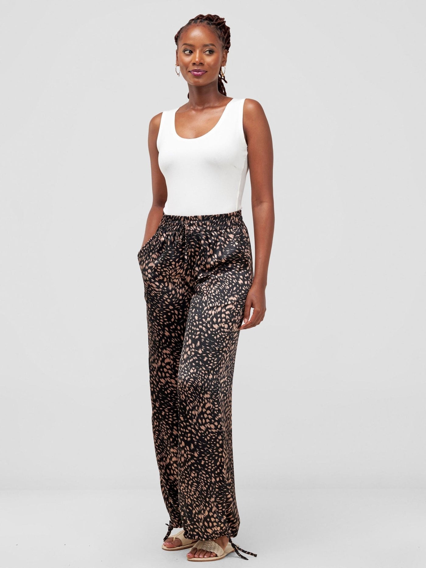 Vivo Satin Drawstring Pants - Taupe /Black - Shopzetu