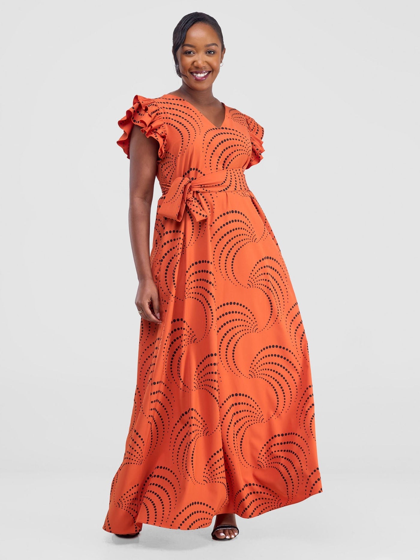 Vivo Nasinka A - line Maxi Dress - Orange / Black Sinka Print - Shopzetu