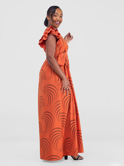 Vivo Nasinka A - line Maxi Dress - Orange / Black Sinka Print - Shopzetu