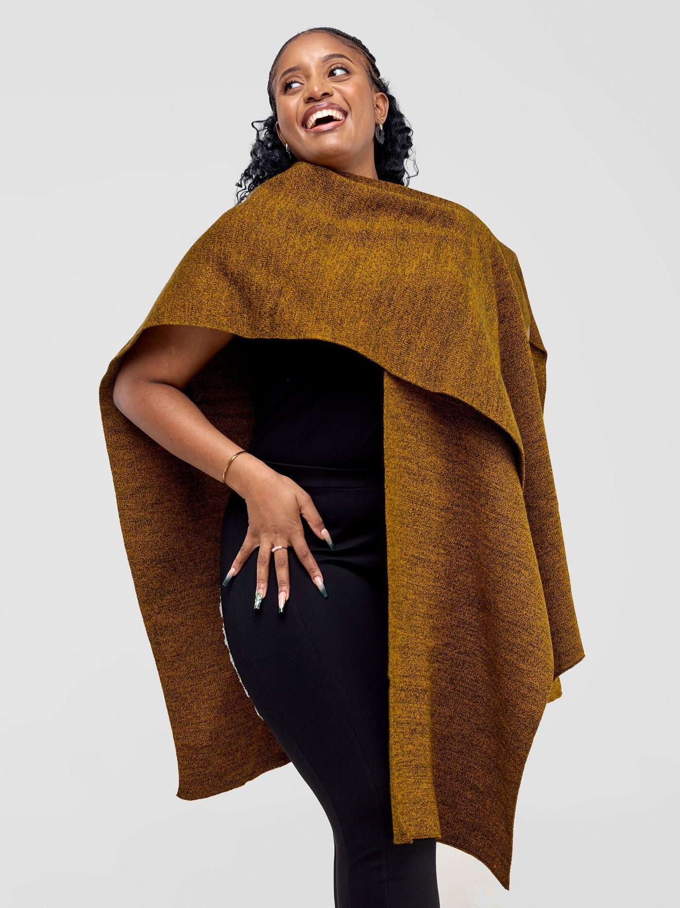 Vivo Basic Double Layered Wrap Poncho (Without Fringe) - Mustard / Black - Shopzetu