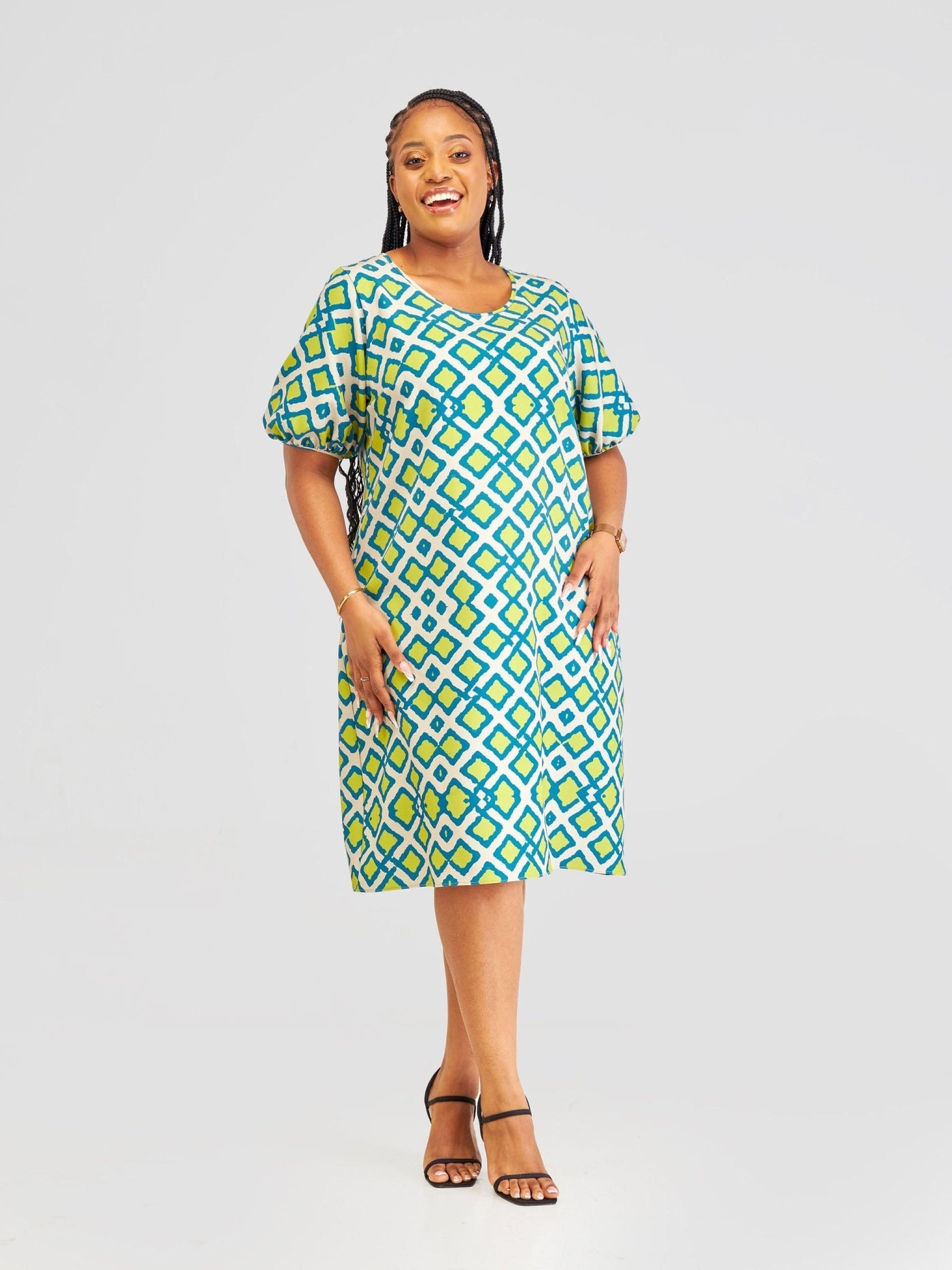 Vivo Pendo Puff Sleeve Shift Dress - Taupe / Lime Shale Print - Shopzetu