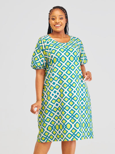 Vivo Pendo Puff Sleeve Shift Dress - Taupe / Lime Shale Print - Shopzetu