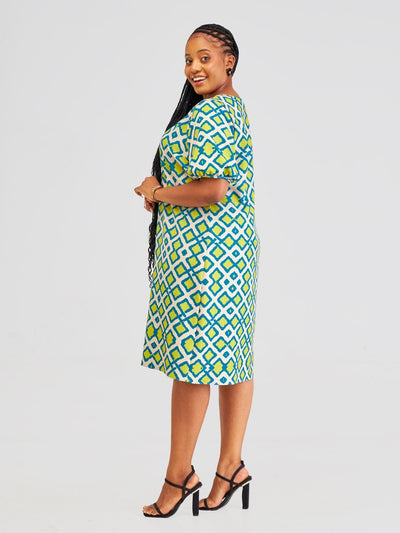 Vivo Pendo Puff Sleeve Shift Dress - Taupe / Lime Shale Print - Shopzetu