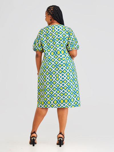 Vivo Pendo Puff Sleeve Shift Dress - Taupe / Lime Shale Print - Shopzetu