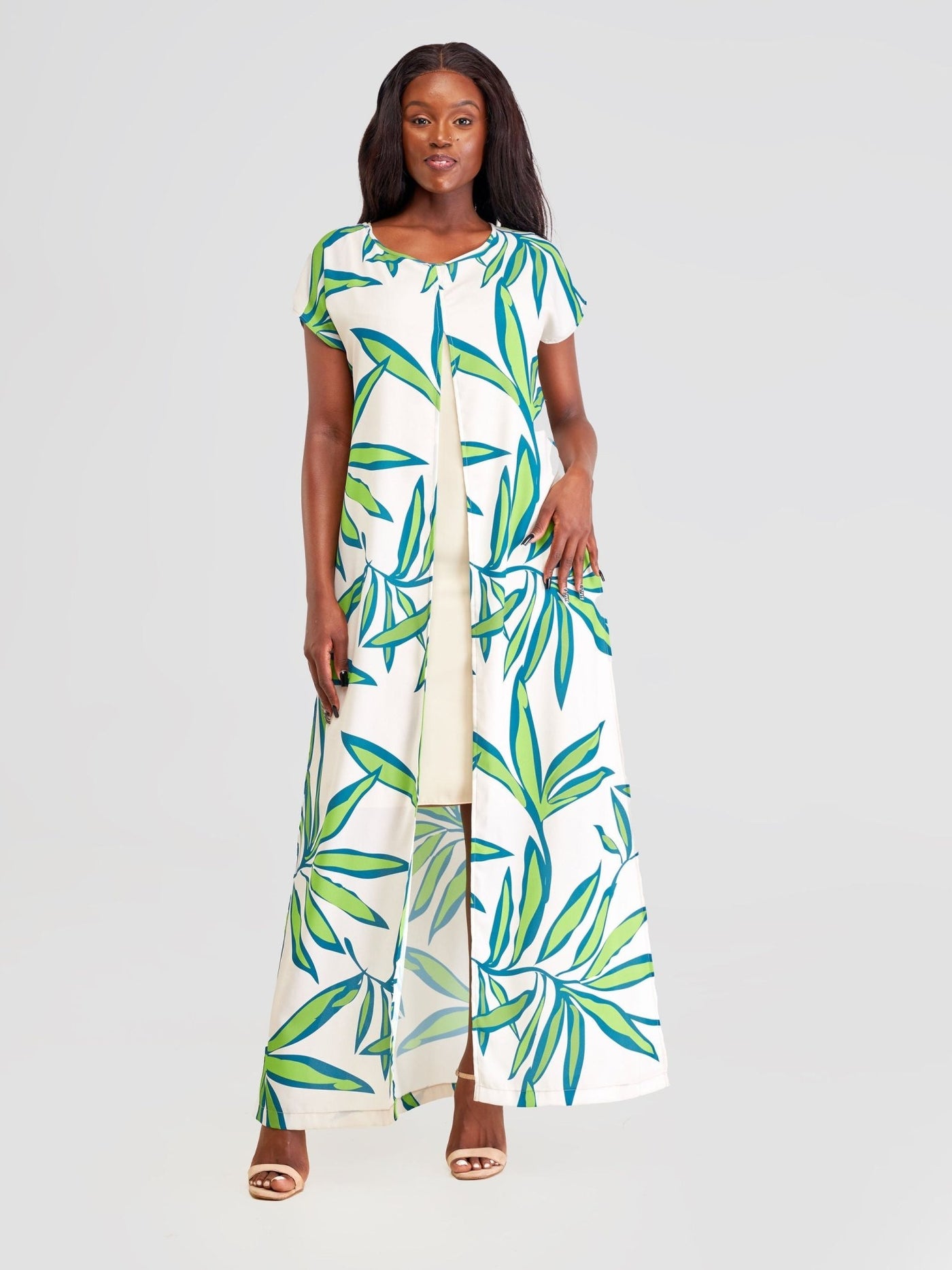 Vivo Kelemi Layered Maxi Dress - Khaki + Taupe / Green Lemi Print - Shopzetu