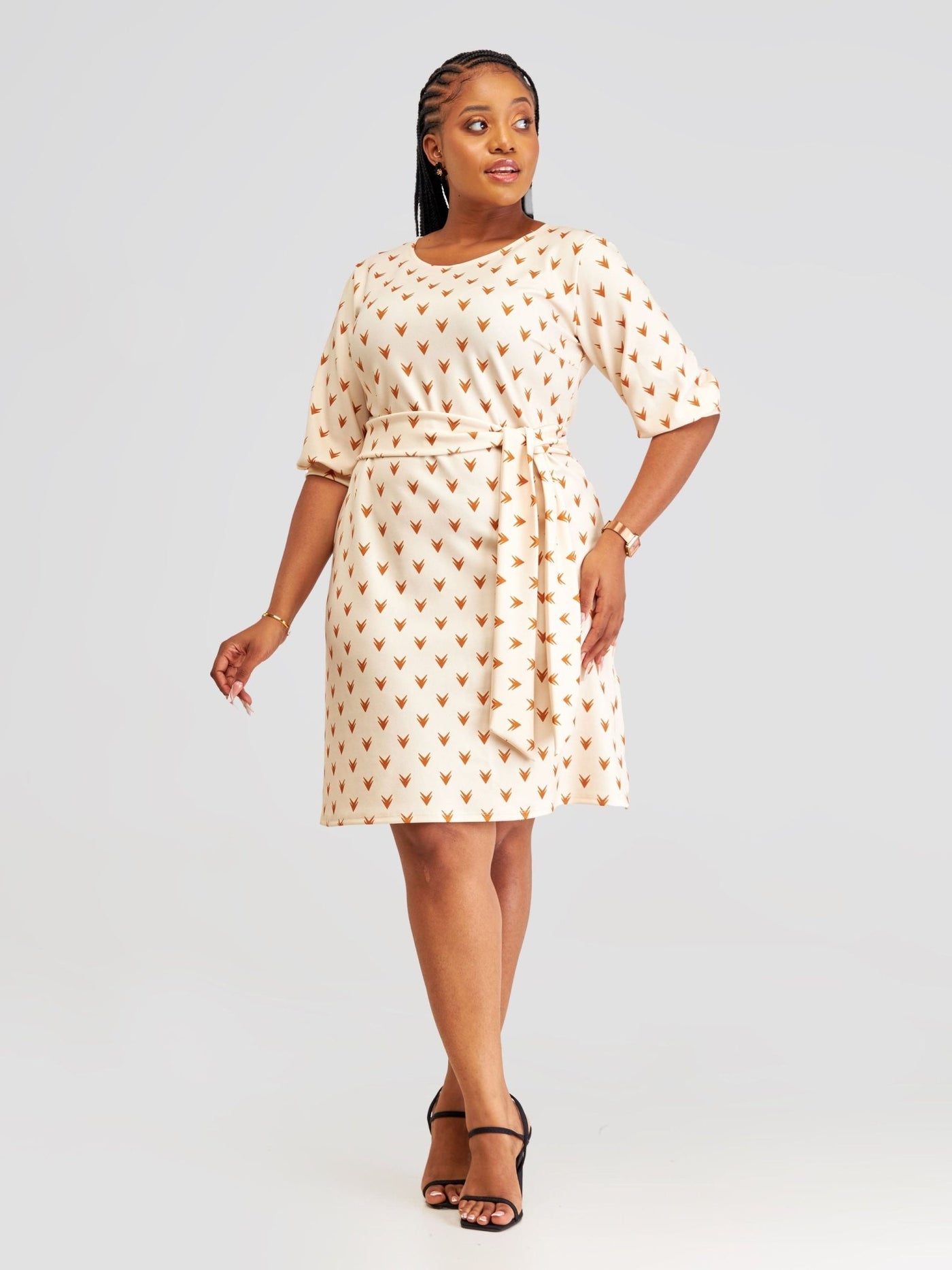 Vivo Imara 3/4 Sleeve A - Line Dress - Taupe / Mustard Lana Print - Shopzetu