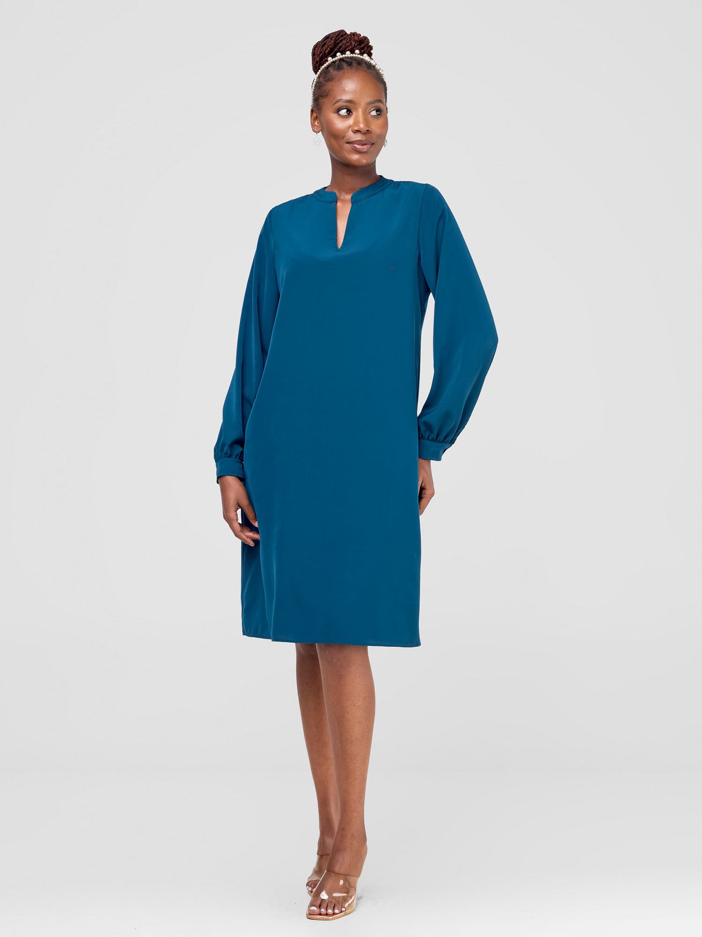 Vivo Zena Long Sleeve Mandarin Collar Shift Dress - Ocean Depths