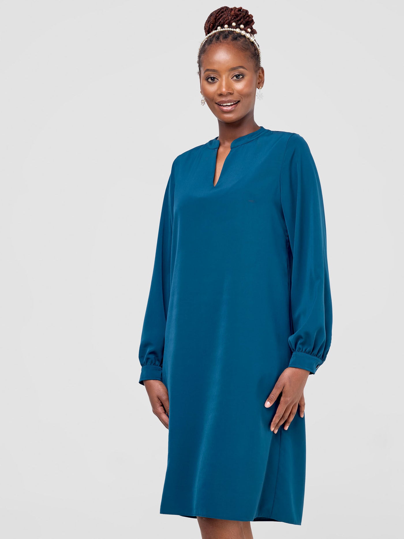 Vivo Zena Long Sleeve Mandarin Collar Shift Dress - Ocean Depths