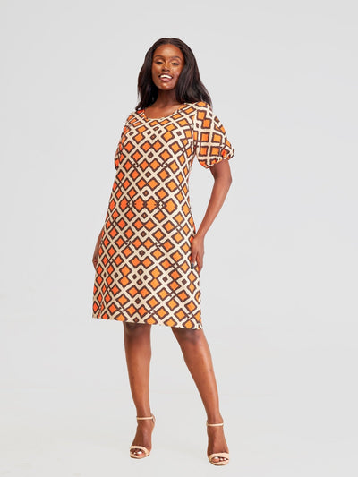 Vivo Pendo Puff Sleeve Shift Dress - Taupe / Orange Shale Print - Shopzetu