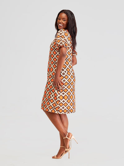 Vivo Pendo Puff Sleeve Shift Dress - Taupe / Orange Shale Print - Shopzetu