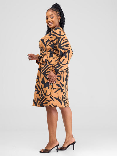 Vivo Zahari Shift Dress - Mustard / Black Zari Print - Shopzetu