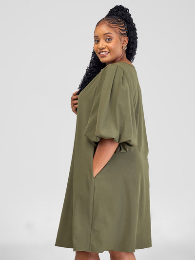 Vivo Zahari Puff Sleeve Tent Dress - Army Green