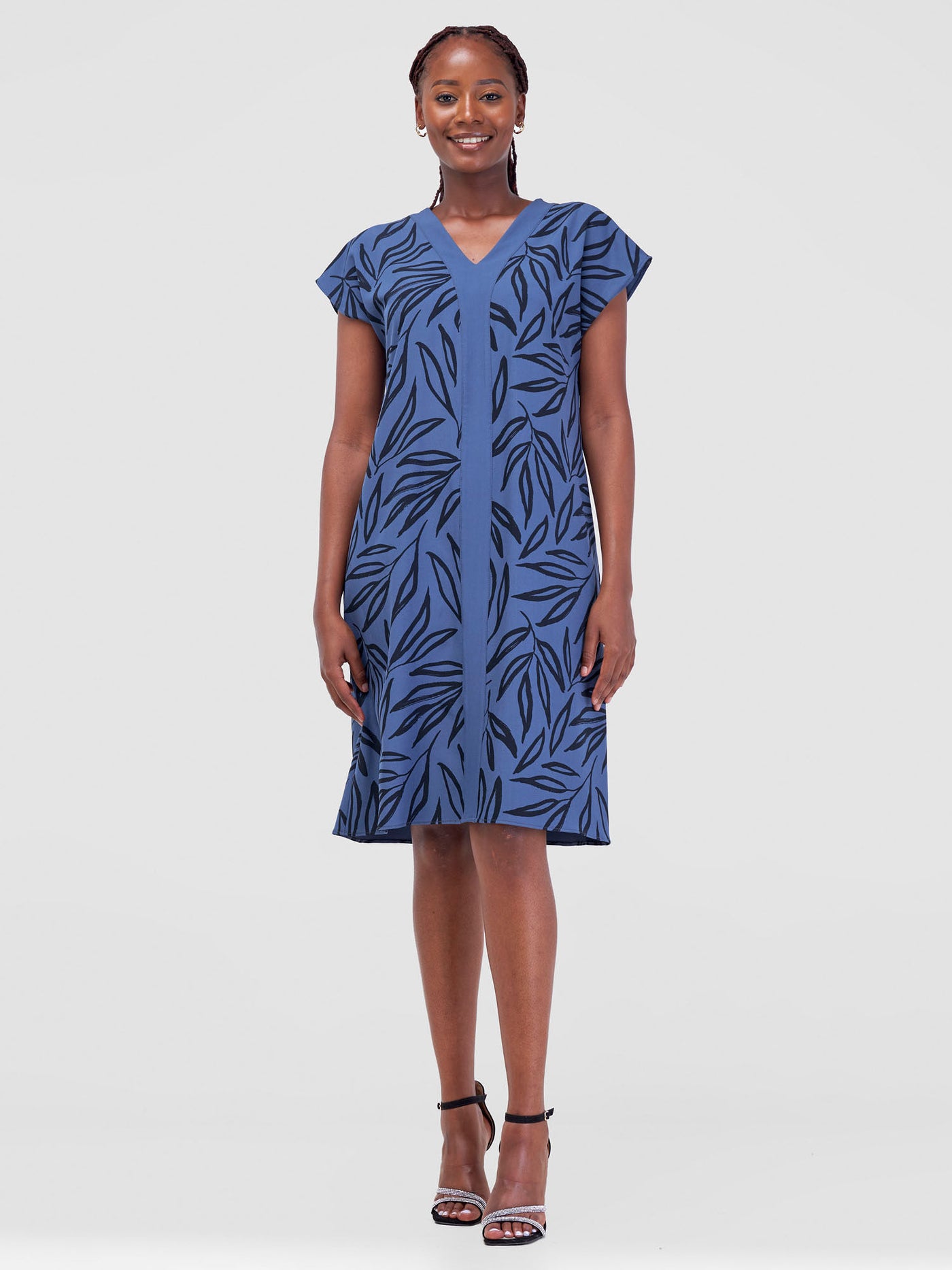 Vivo Ajani Drop Shoulder V-Neck Dress - Blue / Black Kasai Print