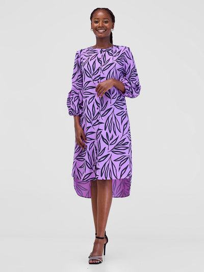 Vivo Imali Bishop Sleeve High Low Knee Length Dress - Purple / Black Kasai Print - Shopzetu