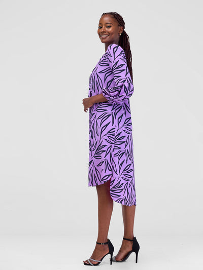 Vivo Imali Bishop Sleeve High Low Knee Length Dress - Purple / Black Kasai Print - Shopzetu