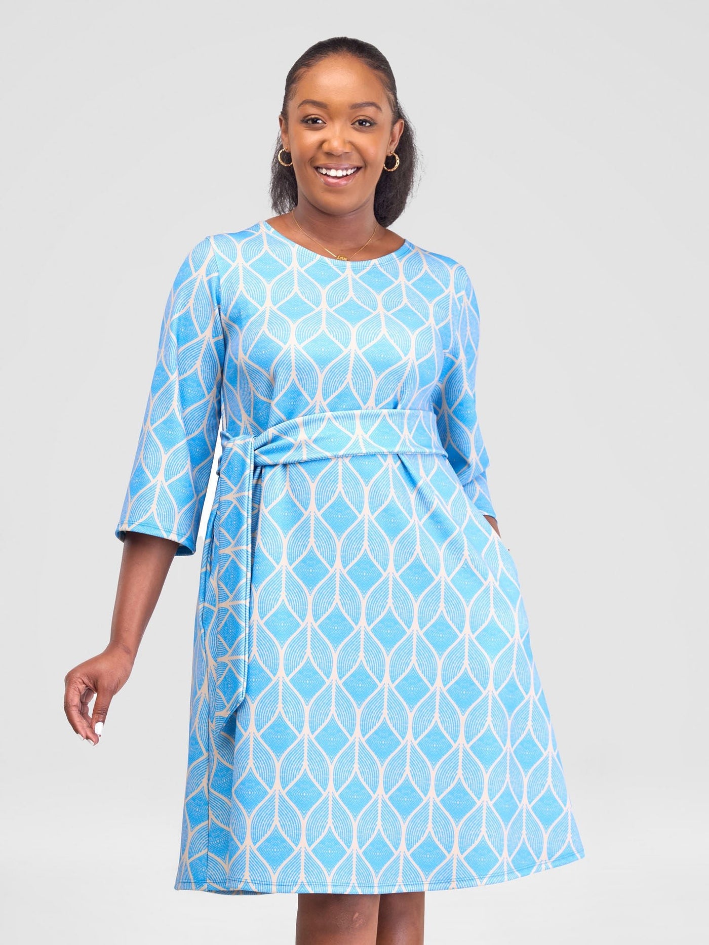 Vivo Imara 3/4 Sleeve Tent Dress - Blue / Taupe Duna Print - Shopzetu