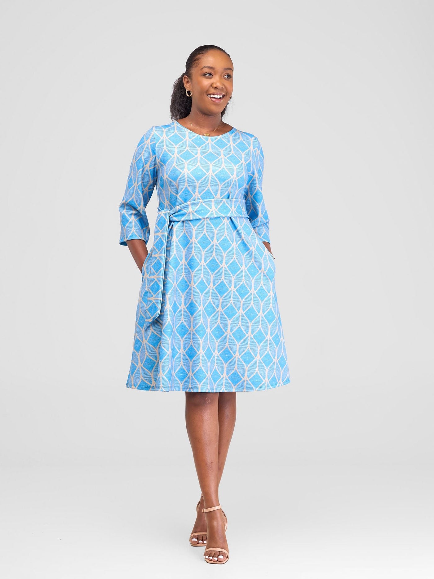 Vivo Imara 3/4 Sleeve Tent Dress - Blue / Taupe Duna Print - Shopzetu