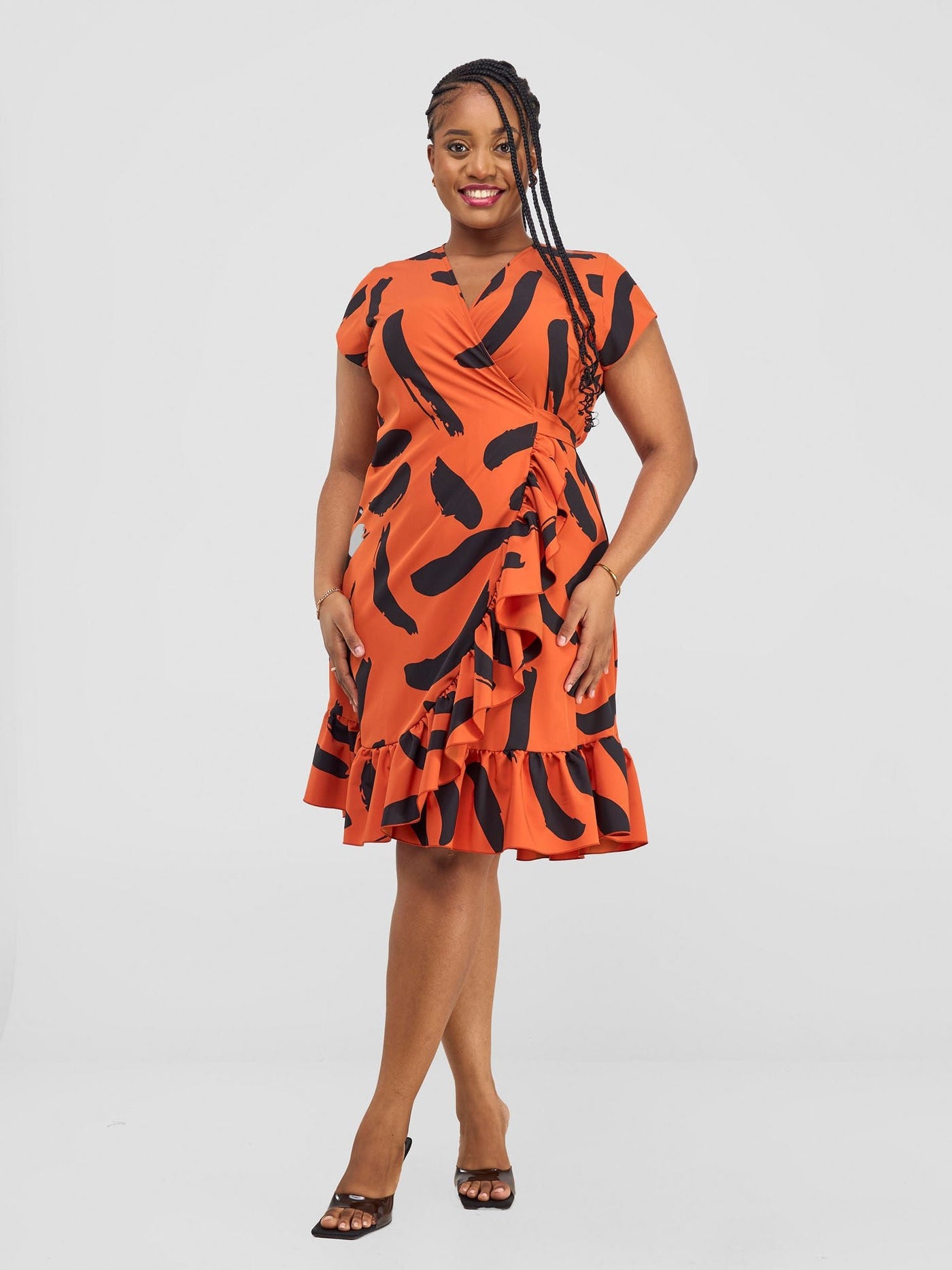 Vivo Nasinka Wrap Dress - Orange / Black Nasi Print - Shopzetu