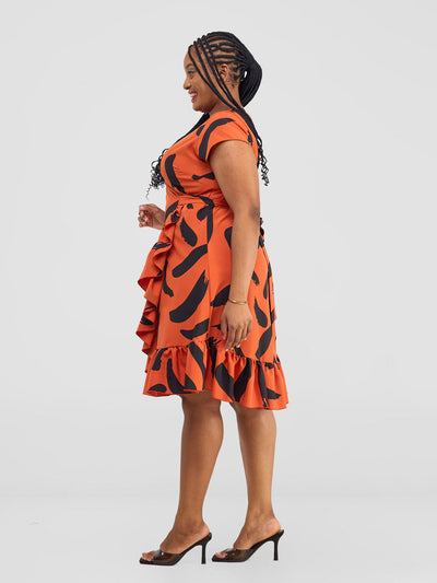 Vivo Nasinka Wrap Dress - Orange / Black Nasi Print - Shopzetu