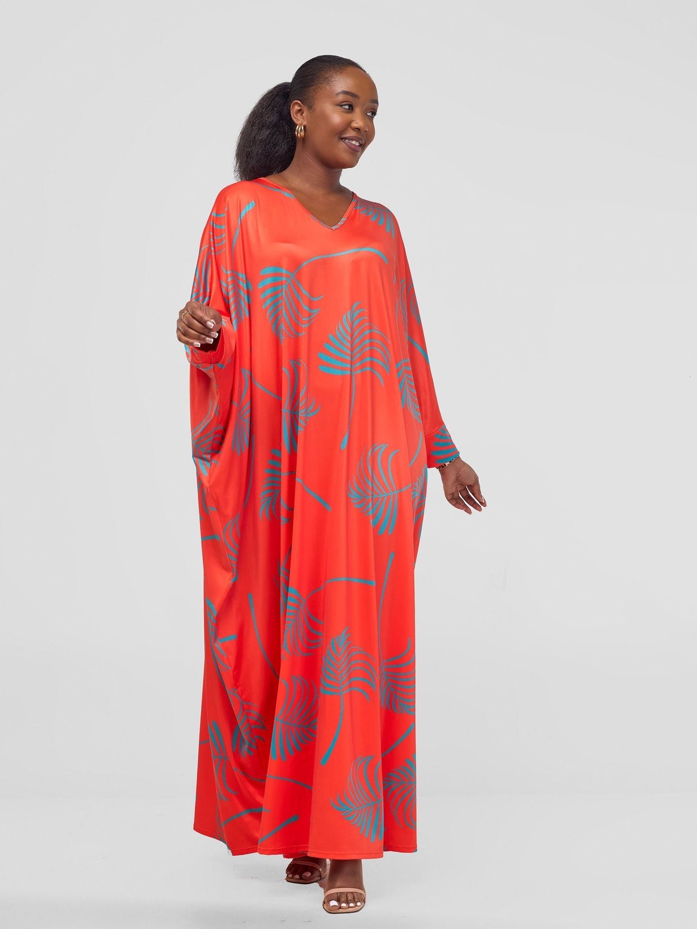 Vivo Lumi Cuffed Dolman Maxi Dress - Orange / Green Lifi Print - Shopzetu