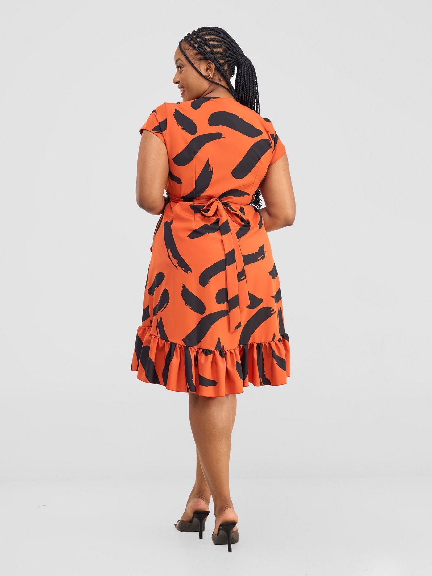 Vivo Nasinka Wrap Dress - Orange / Black Nasi Print - Shopzetu